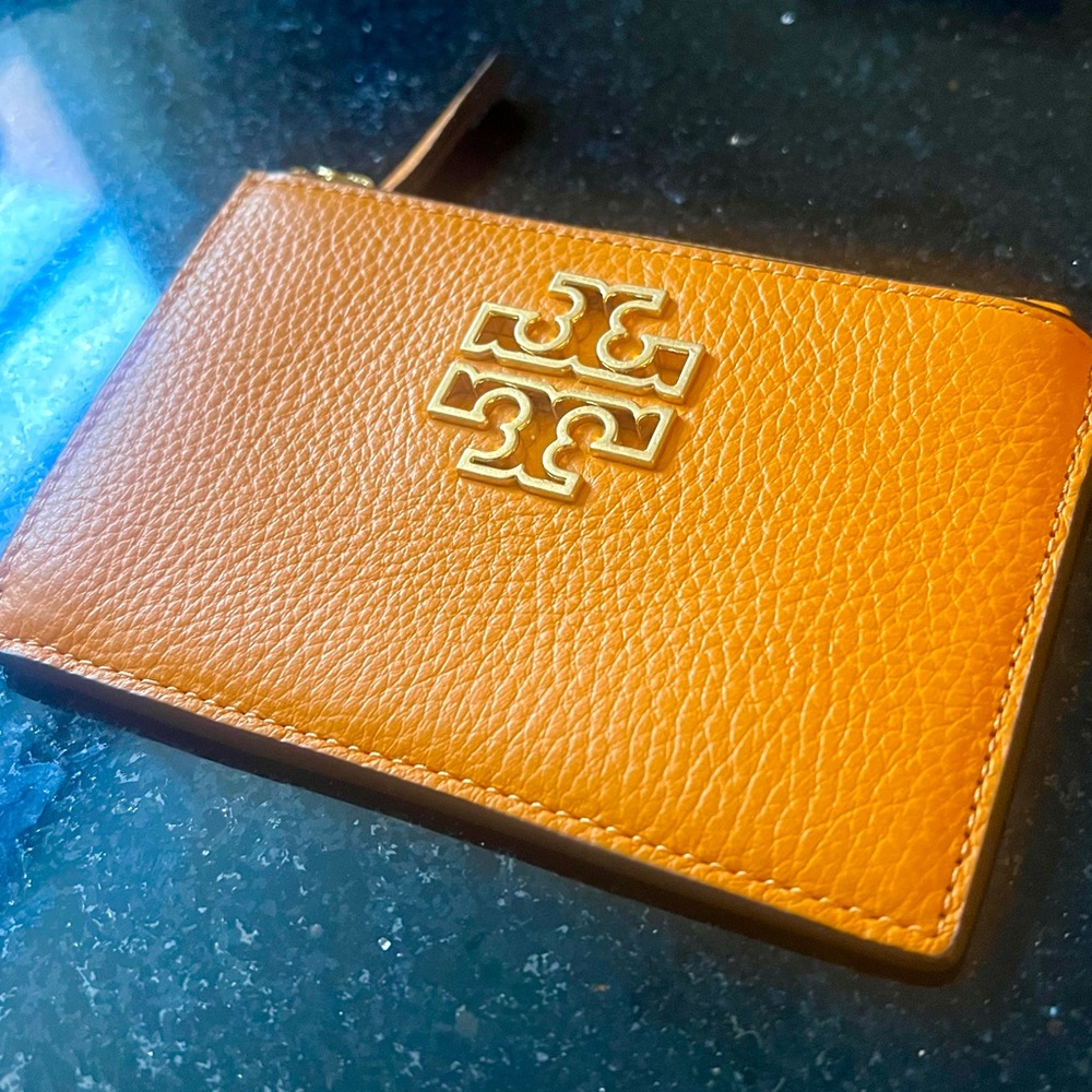 Tory Burch Brown Leather Card Holder with Gold Logo